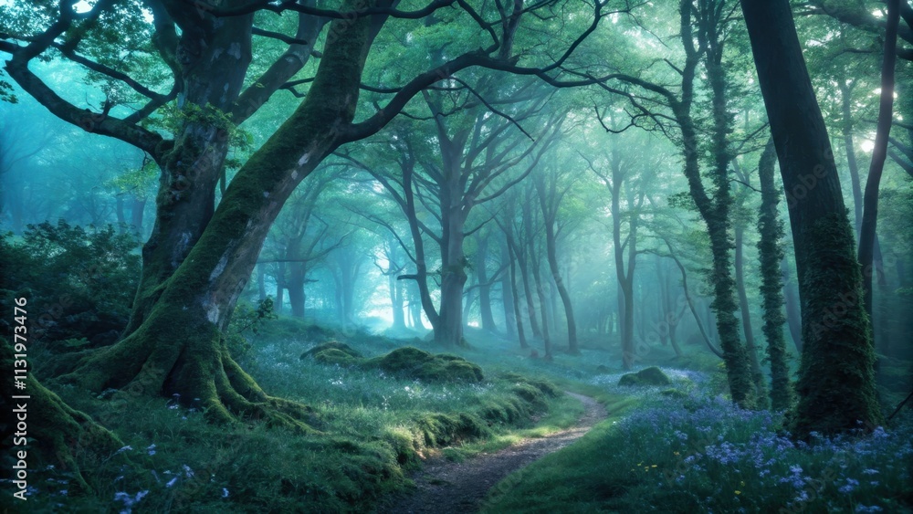 Poster sunbeams are filtering through a thick morning fog in a mystical forest, creating an ethereal and en