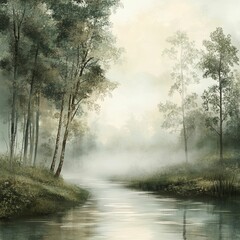 Obraz premium a calm, misty morning landscape where a river flows quietly through a forest