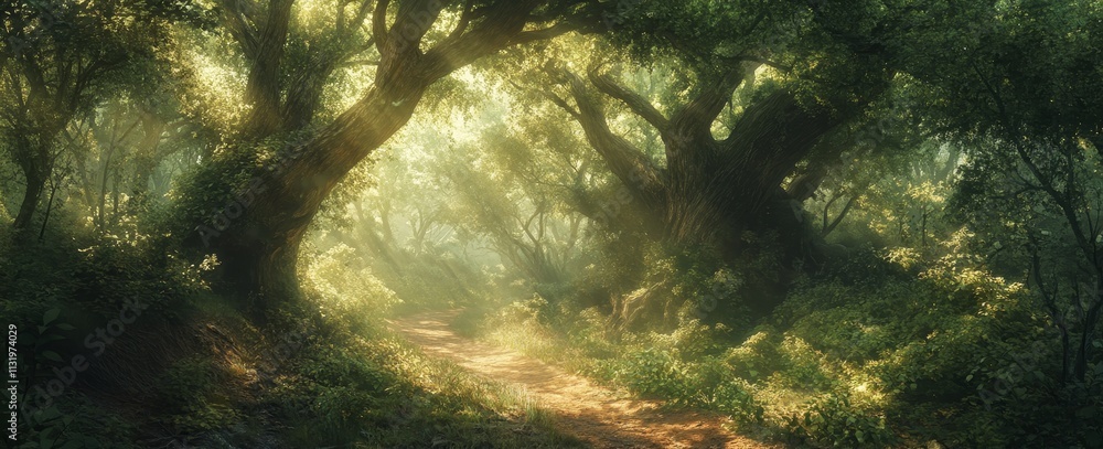 Poster sunlit path through a mystical forest with lush greenery and ancient trees.
