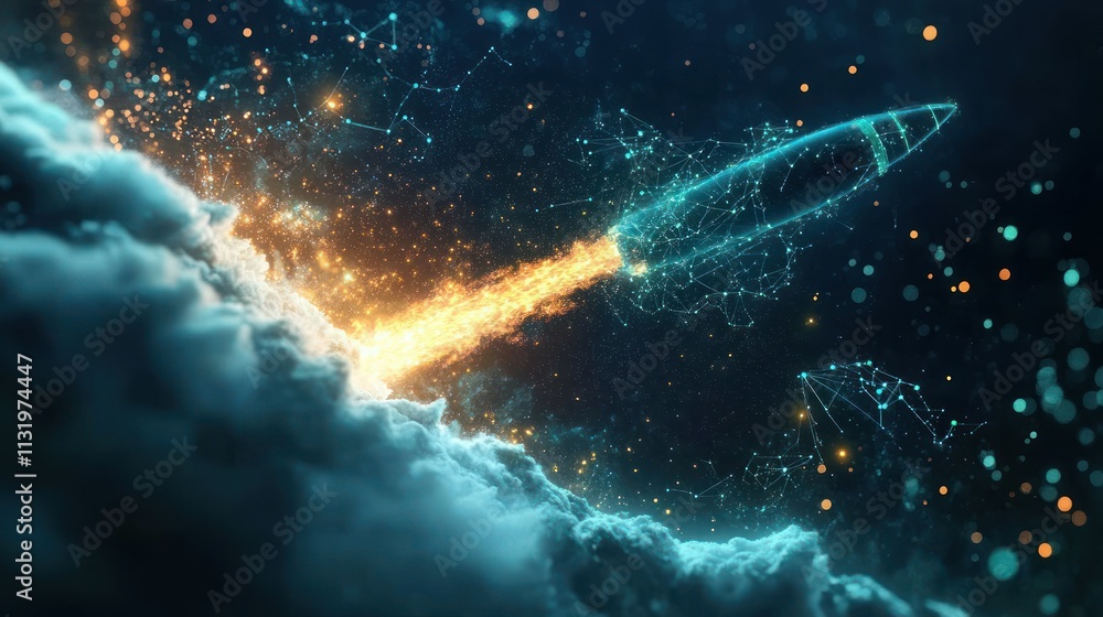 Poster futuristic missile launch through digital network and clouds.