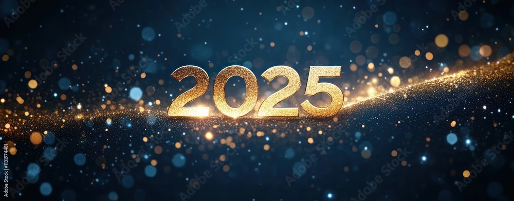 Poster luxurious gold foil 2025 new year greeting card with navy background and bokeh lights