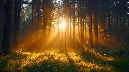 Fototapeta premium Sunrise in the Forest: Magical Golden Hour Landscape