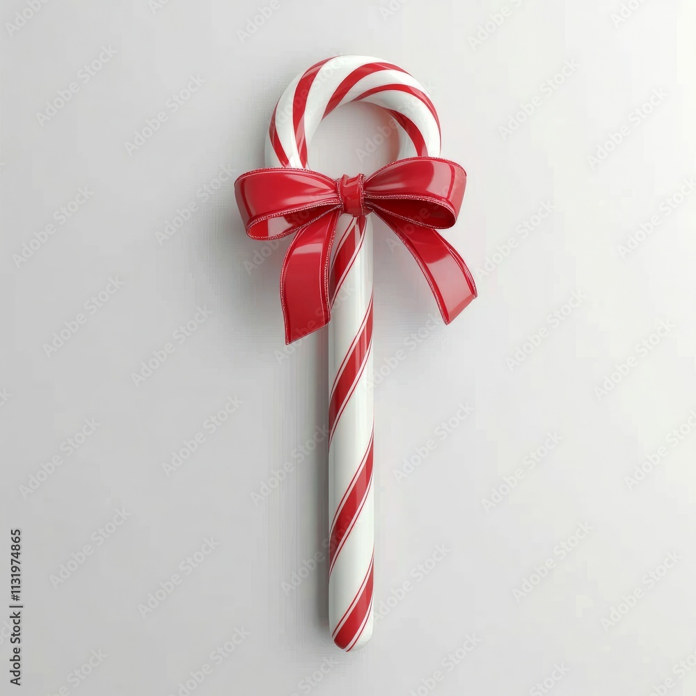 Poster a simple 3d rendering of a red and white candy cane with a bow on a white background realistic