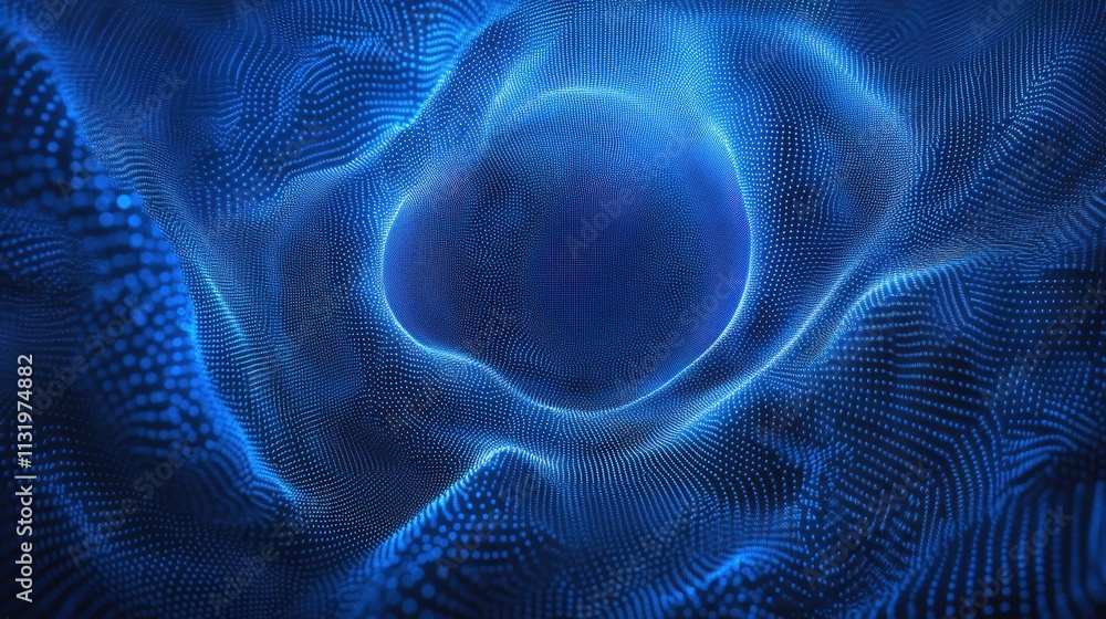 Poster abstract blue particle wave background; glowing dots form a sphere. ideal for tech, ai, or data visu