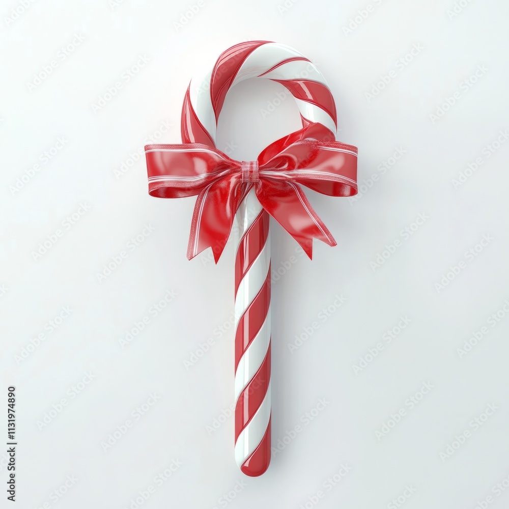 Poster a simple 3d rendering of a red and white candy cane with a bow on a white background realistic