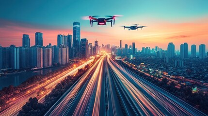 Obraz premium Two drones flying over a city highway at sunset.