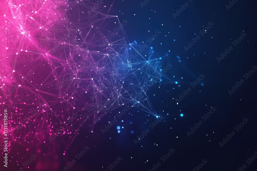 Poster abstract pink and blue network design; glowing nodes and lines connect. ideal for tech, connectivity