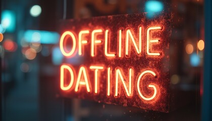 A vibrant neon sign illuminates the night, boldly proclaiming OFFLINE DATING in bright orange letters. This eye-catching display invites passersby to explore the charm of in-person connections