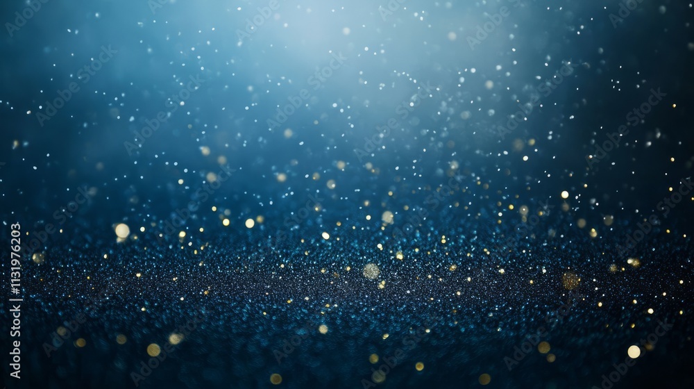 Poster a simple yet elegant navy background with soft, shimmering snowflakes and minimal gold sequins, leav