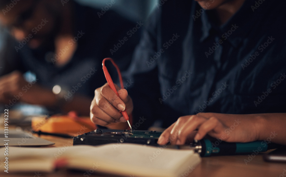 Poster service, electrical engineer and hands with tools, hardware and working in office, table and special