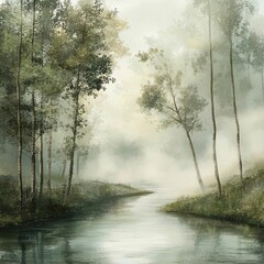 a calm, misty morning landscape where a river flows quietly through a forest