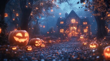 Fototapeta premium Enchanted Halloween Night: Spooky Cottage and Jack-o'-lanterns