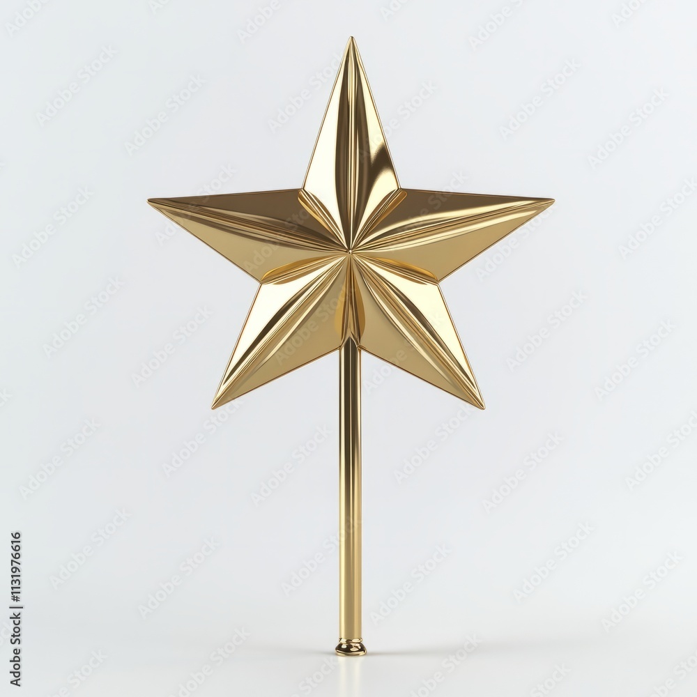 Poster a sleek 3d rendering of a star-shaped christmas tree topper in gold on a plain white background real