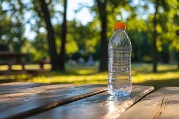 Juice-infused plastic bottles displayed on a sunlit table in a lush park environment capturing the essence of refreshment and sustainability