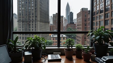 View from a plant-cluttered desk out a window into a rainy city