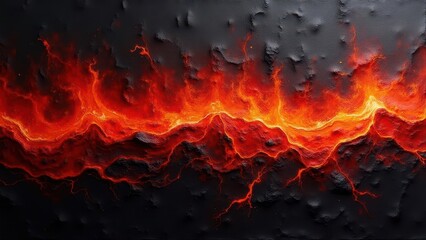 Fototapeta premium Flowing red-hot textures. Picture a scene of active volcanic eruption with magma and fiery spew against a stark black ground, encapsulating the fierce beauty of nature's wrath. 
