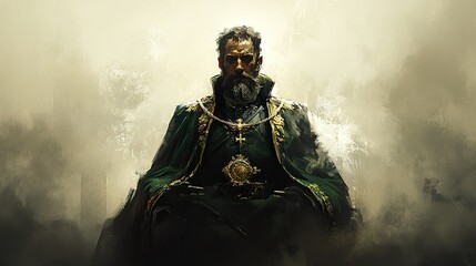 Fototapeta premium Majestic Portrait of a Medieval King: A Regal Figure in Green and Gold