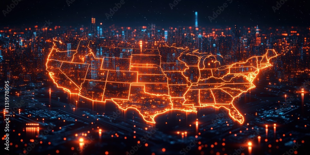 Poster futuristic usa map with cyberpunk network connectivity and data transfer technologies