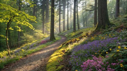 Obraz premium Sunbeams illuminating blooming flowers and vibrant moss along a winding path create a magical and serene atmosphere in a misty forest, inviting tranquility and beauty in nature