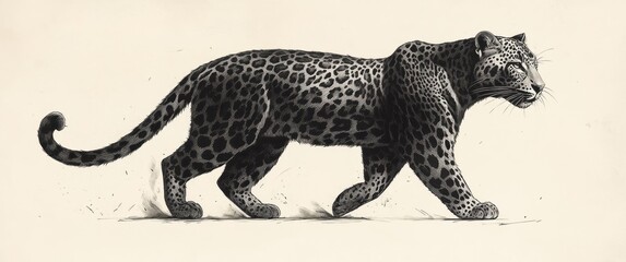 Obraz premium Leopard Walking Ink Illustration Vintage Etching Art Cat Wild Animal Silhouette