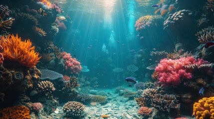 Fototapeta premium Serene underwater scene with various marine life and corals