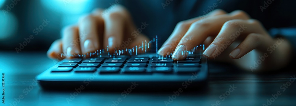 Poster financial analysis workspace scene businesswoman calculating financial reports with growth charts in