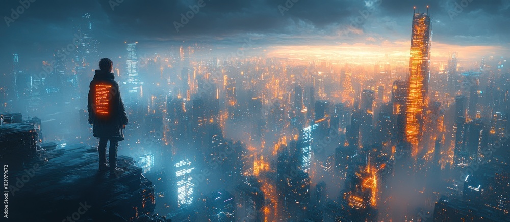 Aufkleber Futuristic Cityscape Digital Technology Software Development Cyberpunk Aesthetics Coding Programmer Engineer