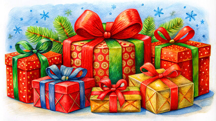 Christmas gift boxes with ribbon and bow color pencil work