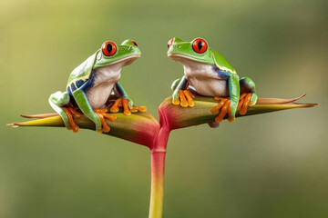 Naklejka premium red eye tree frog on Heliconia flowers
