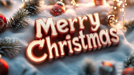 Christmas composition featuring "Merry Christmas" text, frosted pinecones, golden bows, red ornaments, and soft glowing lights in a tranquil winter forest atmosphere