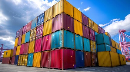 Fototapeta premium Stack of colorful shipping containers at a port under a cloudy sky.