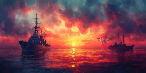 Fototapeta premium Columbus Day Celebration American Flag Nautical Sunrise Background