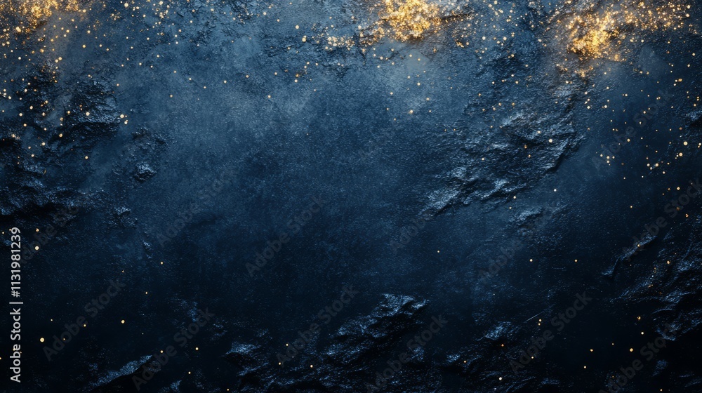 Poster a textured navy background with soft, glowing snowflakes and a sprinkle of gold sequins, creating a 
