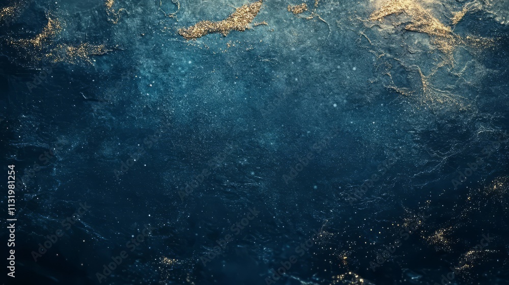 Poster a textured navy background with soft, glowing snowflakes and a sprinkle of gold sequins, creating a 