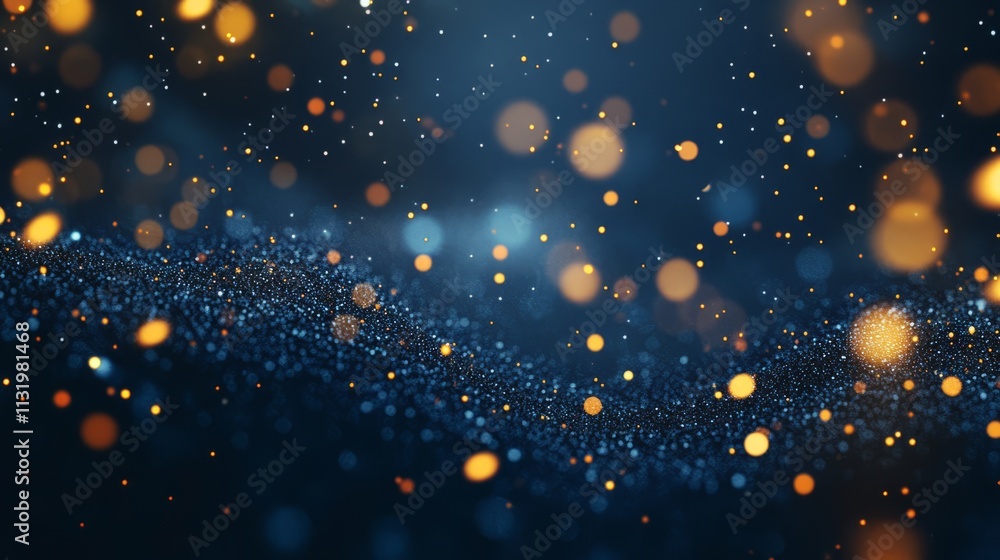 Poster a textured navy background with soft, glowing snowflakes and a sprinkle of gold sequins, creating a 