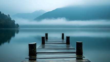 Obraz premium Misty Lake Morning: Serene Wooden Dock, Mountain View