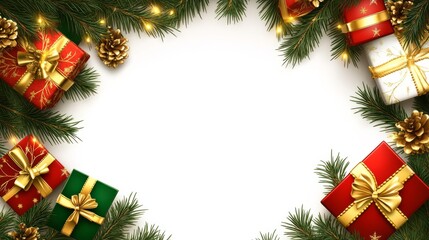 A traditional Christmas background with golden ribbons on branches, bright red and green gift boxes, and a plain white center realistic