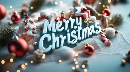 Christmas-themed flat lay featuring "Merry Christmas" text in bold typography surrounded by ornaments, wrapped gifts, pine branches, and festive decorations in red, white, and gold tones
