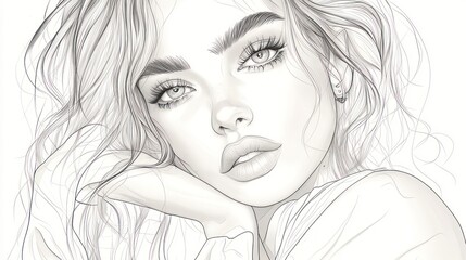Fototapeta premium A close-up grayscale illustration of a woman's face with soft features, long wavy hair, and a contemplative expression.