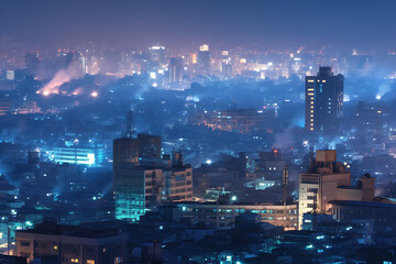 Obraz premium A vibrant cityscape at night, showcasing urban lights and misty atmosphere.