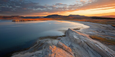 A serene lakeside landscape at sunset, showcasing rocky shores, calm waters, and vibrant sky colors reflecting nature's beauty.