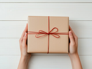 from above crop person standing near table and preparing boxes with red ribbons during christmas celebration at home