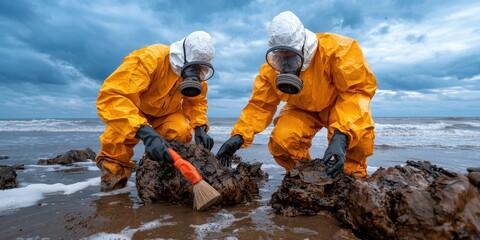 Two workers in protective suits clean up an oil spill on a beach under a cloudy sky, showcasing environmental protection efforts.