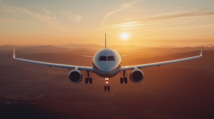 Airplane approaching landing at sunset over mountains.