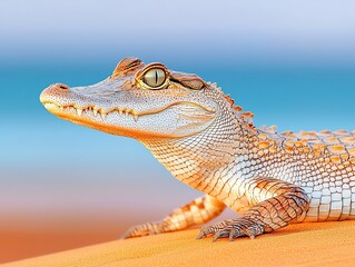 Inside the studio, a crocodile basking on a sandy riverbank is arranged against a blurred background of reeds and water, captured with sharp lighting to enhance its rough texture