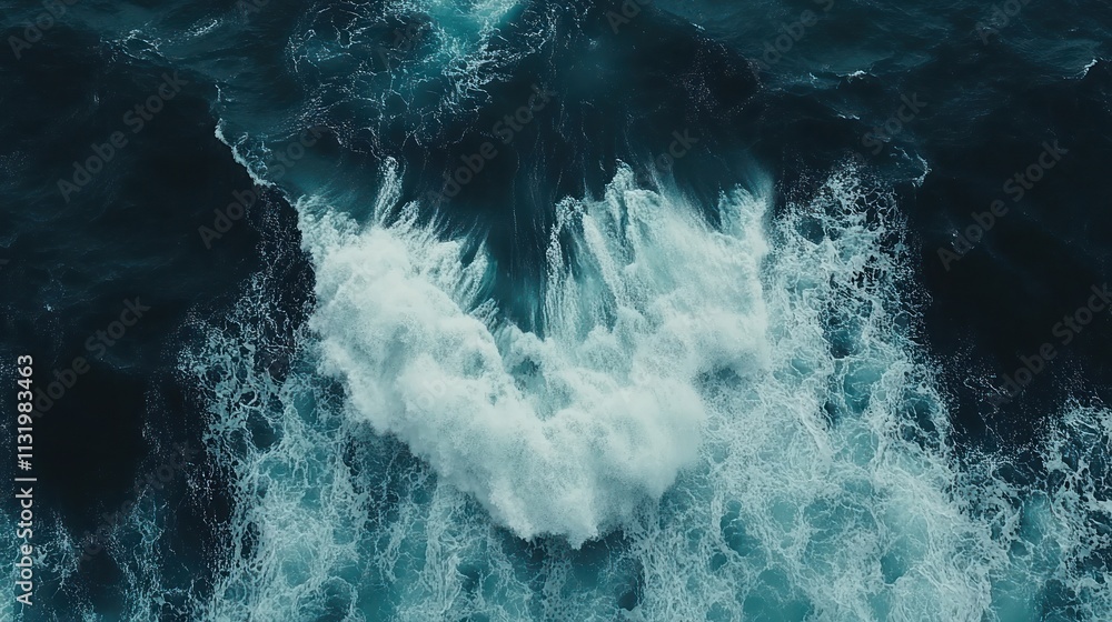 Aufkleber aerial view of turbulent ocean waves crashing against each other, creating dynamic patterns.