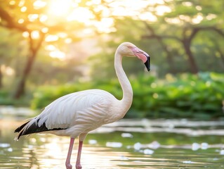 Fototapeta premium Inside the studio, a flamingo gracefully standing in shallow water is arranged against a blurred tropical wetland background with warm lighting highlighting its pink feathers