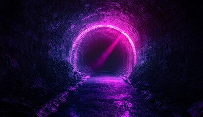 Glowing neon circle in dark tunnel.