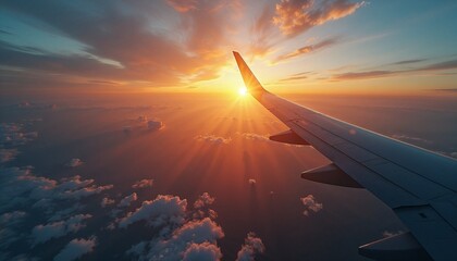 Airplane wing above clouds at sunset.