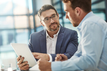 Tablet, collaboration and business men in office for meeting with online stock market investment. Discussion, team and financial advisors with digital technology for company capital gain proposal.